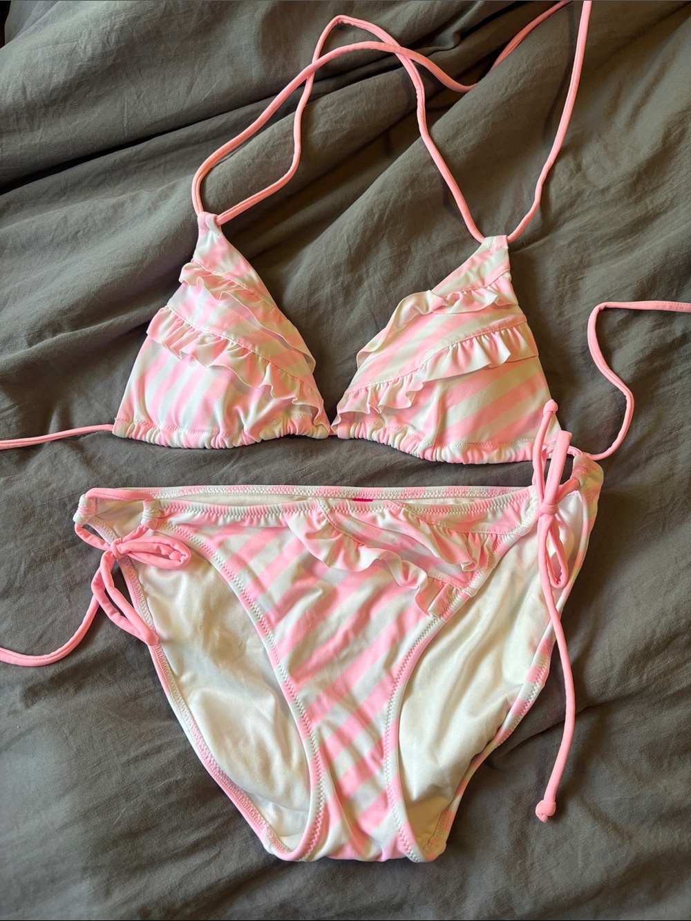 Victoria Secret Pink and White Striped Ruffle Bikini Set